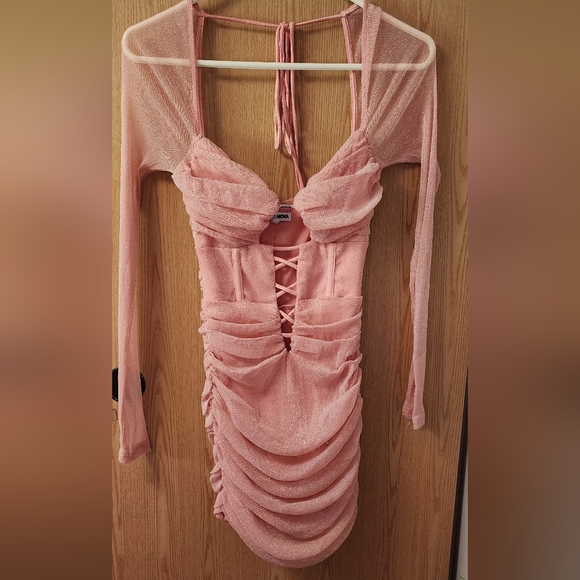 Fashion Nova Pink Ruched Long Sleeve Halter Dress - Picture 1 of 4